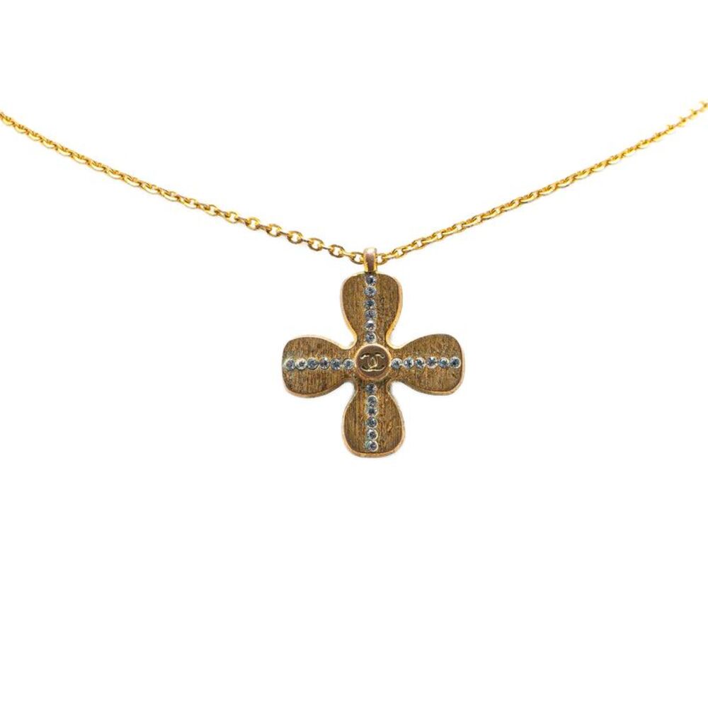 Pre Loved chanel Clover Crystal Pendant Necklace Women Gold Necklaces - Picture 1 of 5